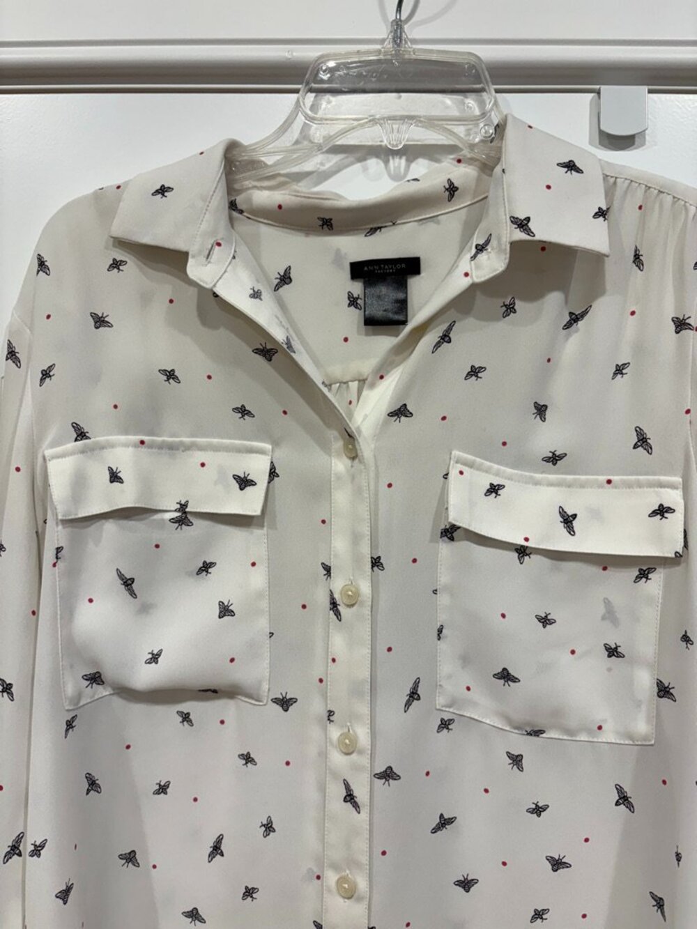 Ann Taylor Factor Button Up Blouse White with Bees and Pink Dots Size Medium